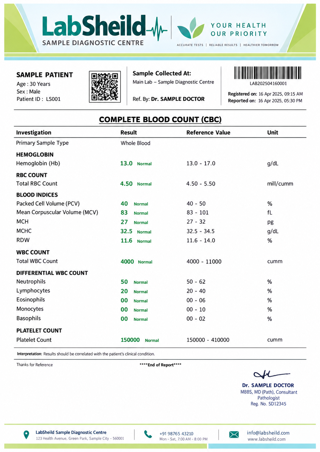 Illustrative Complete Blood Count report with a QR code beside patient details and a barcode in the upper-right.